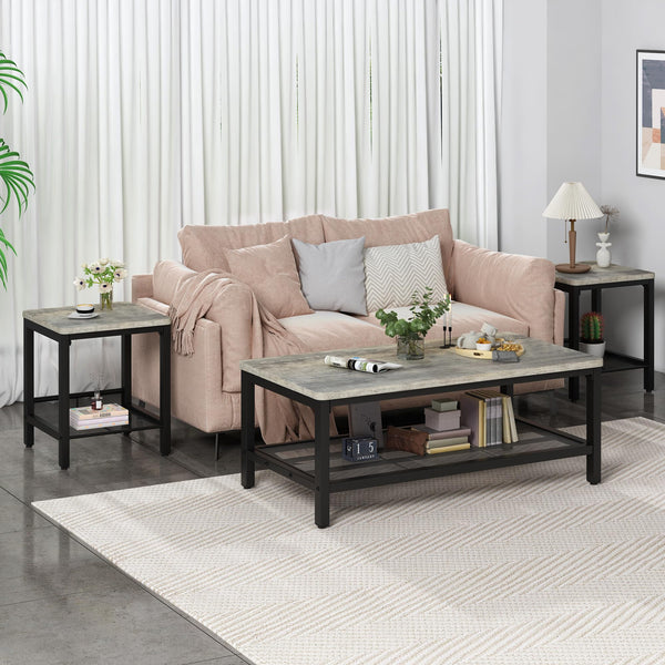 AWQM Coffee Table Set of 3, Industrial Coffee Table with 2 Square End Side Tables, Modern Living Room Table Set with Metal Frame for Apartment Home Office, Grey