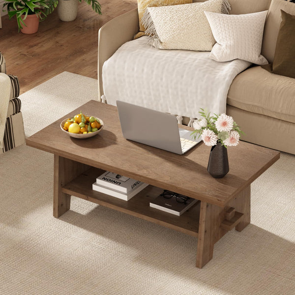 Farmhouse Wood Coffee Table with Storage Shelf