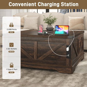 40" Square Farmhouse Lift Top Coffee Table with Power Outlets & Hidden Storage
