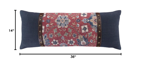 Floral Lumbar Throw Pillow – 14x36 Inch, Navy & Red