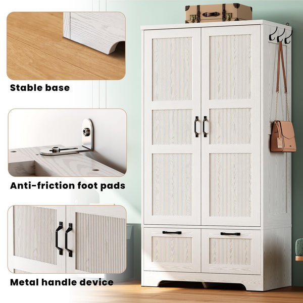 Armoire Wardrobe Closet with Doors, Drawers & Hanging Rod – White