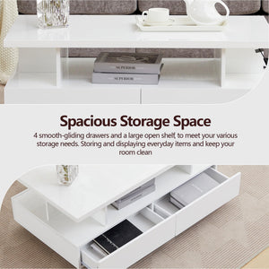 LED Coffee Table with 4 Drawers & Open Shelf – White