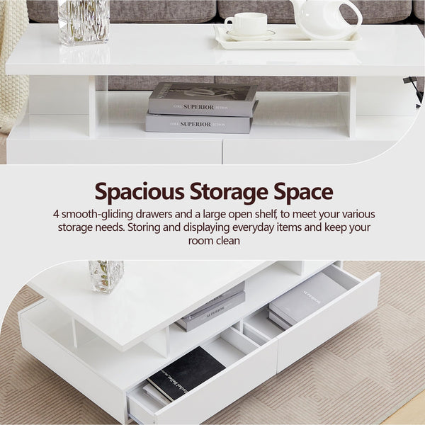 LED Coffee Table with 4 Drawers & Open Shelf – White