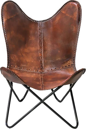 Genuine Leather Butterfly Chair with Folding Iron Frame