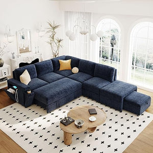 L-Shaped Modular Sectional Sofa with Storage Ottoman, USB Ports & Cup Holder