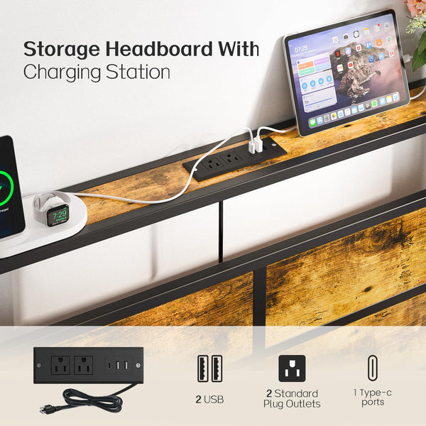 King Size Bed Frame with Charging Station & LED Lights