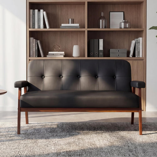 50" Faux Leather Loveseat Sofa with Wood Arms