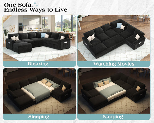 105" Sectional Sleeper Sofa with Pull-Out Bed & Reclining Backrest, 6-Seat Storage Couch