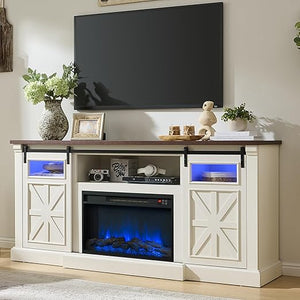 70" Fireplace TV Stand with LED Lights & Sliding Barn Door