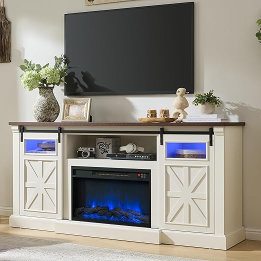 70" Fireplace TV Stand with LED Lights & Sliding Barn Door