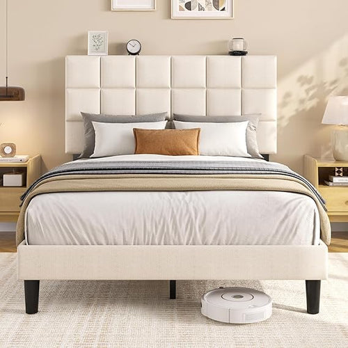 Platform Bed Frame with Adjustable Upholstered Headboard