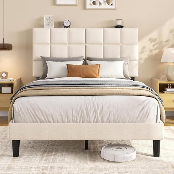 Queen Platform Bed Frame with Adjustable Upholstered Headboard