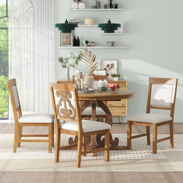 Extendable Round Dining Table Set for 4-6 with Upholstered Chairs