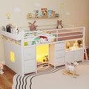 Twin Low Loft Bed with Storage Drawers, Bookcase & LED Lights