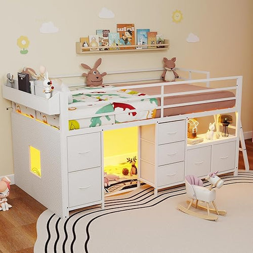Twin Low Loft Bed with Storage Drawers, Bookcase & LED Lights