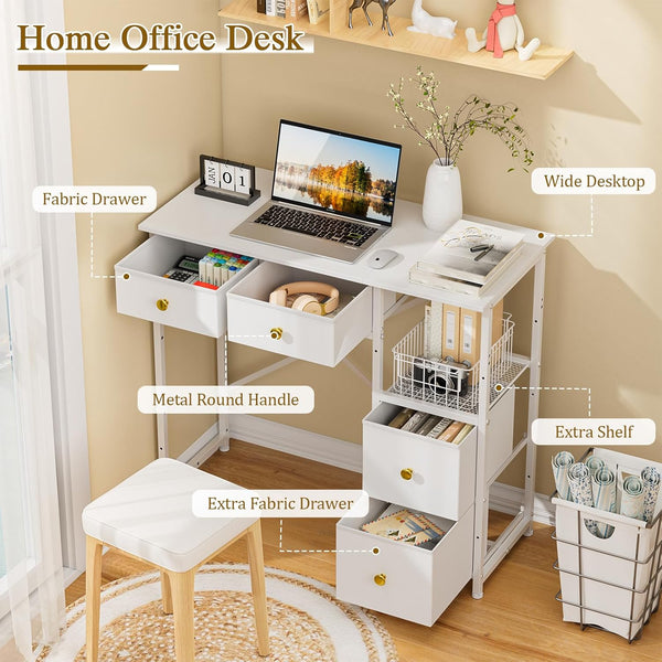 Small Computer Desk with 4 Fabric Drawers