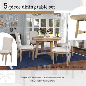 5-Piece Farmhouse Extendable Round Dining Table & Chair Set with Shelf