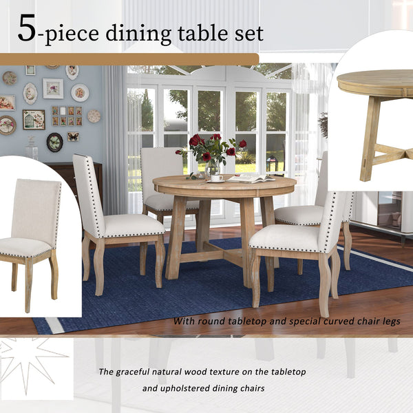 5-Piece Farmhouse Extendable Round Dining Table & Chair Set with Shelf