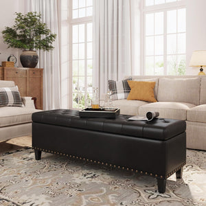 Faux Leather Storage Ottoman Bench, 51" Long, 30 Gallon, Tufted, Wooden Legs