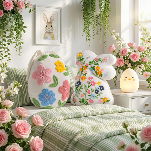 Easter Bunny & Egg Shaped Throw Pillow Set of 2 – Floral Embroidered Decorative Cushions