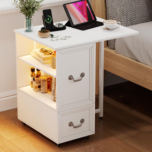 Rolling End Table with Charging Station & LED Lights
