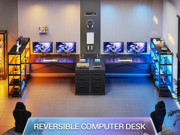 L-Shaped Gaming Desk with Power Outlet, LED Lights & Storage Shelves
