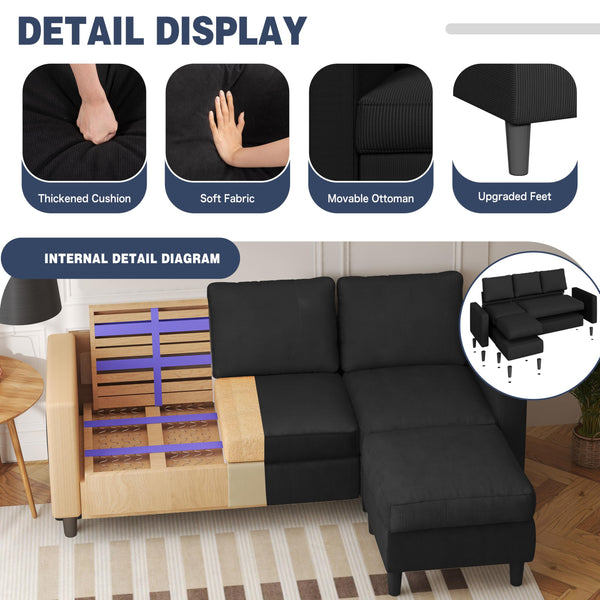 L-Shaped Convertible Sectional Sofa with Reversible Ottoman