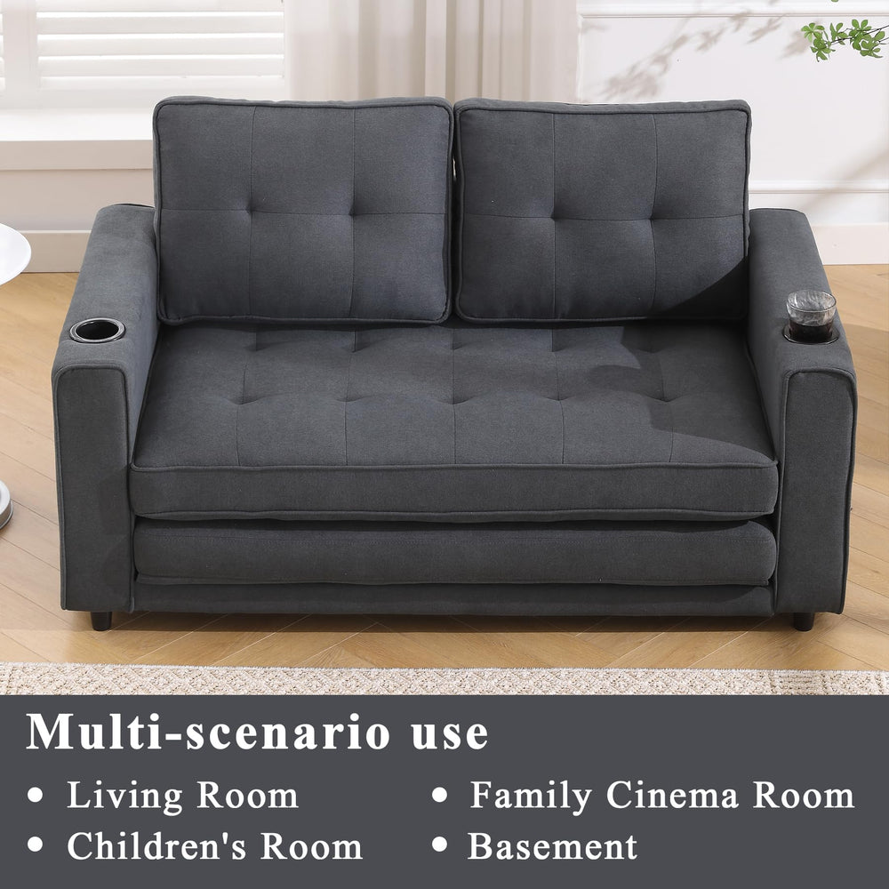 55" Convertible Loveseat Sofa Bed with Side Pockets & Cup Holder
