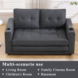 55" Convertible Loveseat Sofa Bed with Side Pockets & Cup Holder