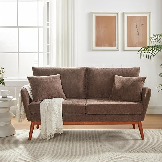 Mid-Century Loveseat Sofa with Wood Frame & Linen Fabric