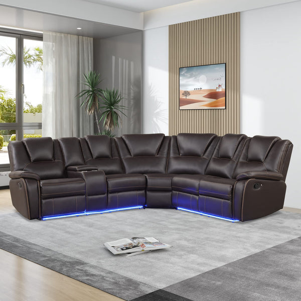 5-Seat Manual Reclining Sectional Sofa with LED Strip & Storage Console
