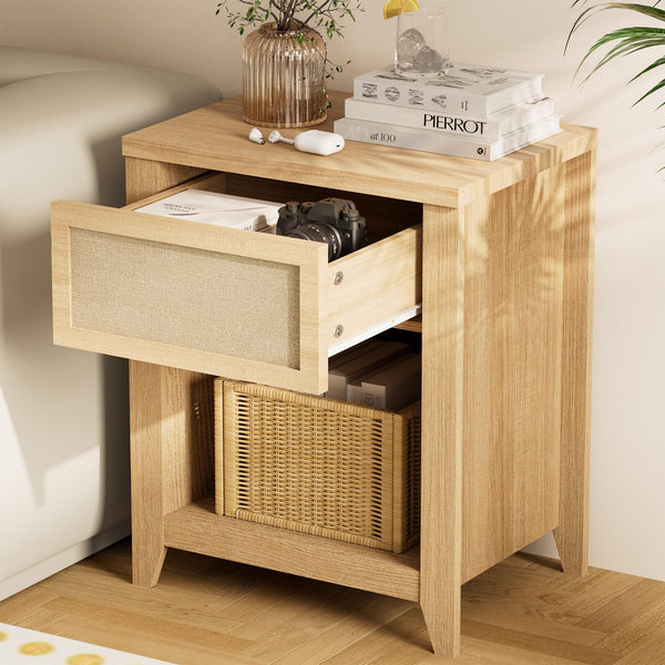 Boho Nightstands Set of 2 with Drawer and Storage Shelf