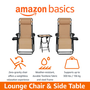 Zero Gravity Reclining Lounge Chair Set with Side Table & Headrest – 2-Pack