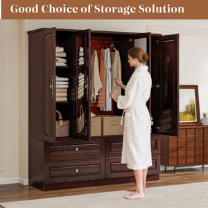 4-Door Solid Wood Armoire Wardrobe with Mirrors & Drawers