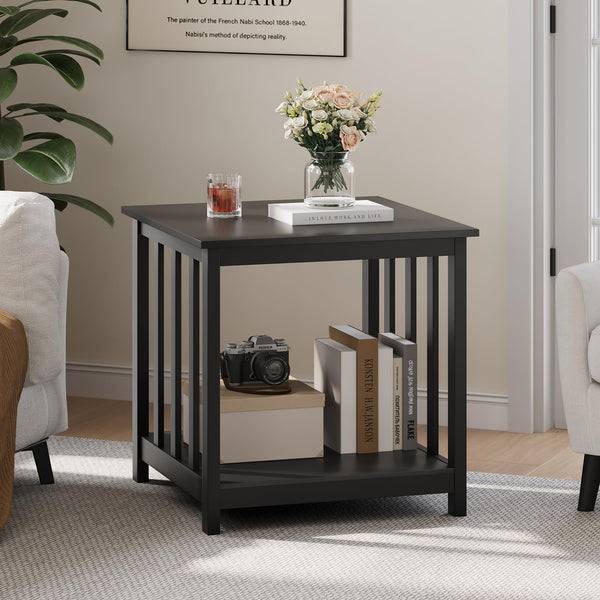 End Tables Set of 2 with 2-Tier Storage Shelf – Black