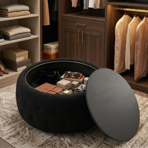 Round Storage Ottoman with Wooden Tabletop – Tufted Teddy Fleece, 30.5"