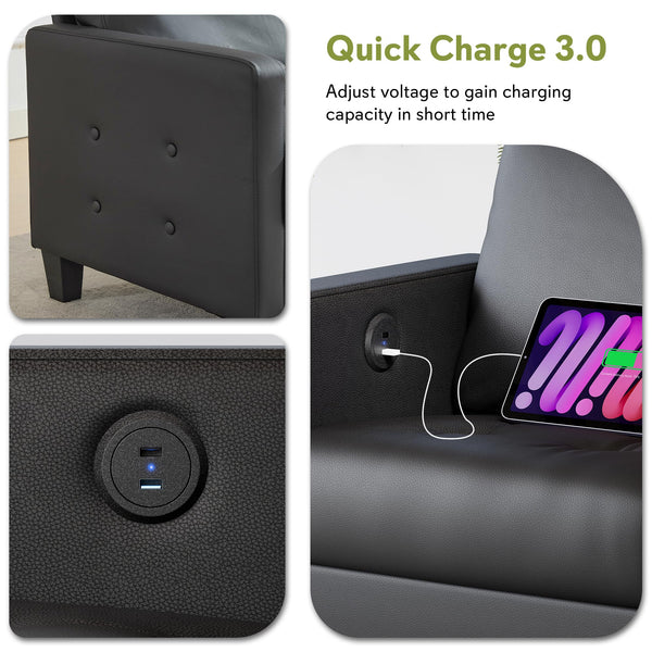 Black Faux Leather Tufted Sofa with USB Charging