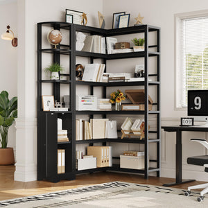 L-Shaped Corner Bookshelf with Cabinet, 6-Tier