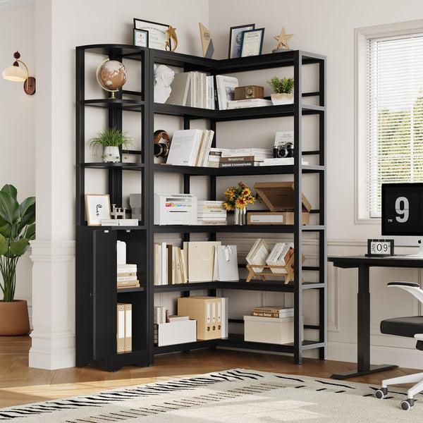 L-Shaped Corner Bookshelf with Cabinet, 6-Tier