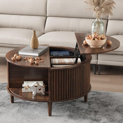 Round Fluted Lift Top Coffee Table with Storage & Sliding Cabinet Door