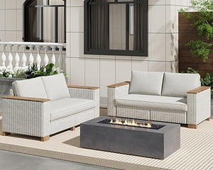 Outdoor Wicker Patio Sectional Sofa Set with Wood Armrests