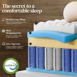Queen Hybrid Mattress – Medium Firm Pocket Coil & Memory Foam, 12 or 14 Inch