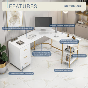 L-Shaped Computer Desk with Drawers & Storage Shelves