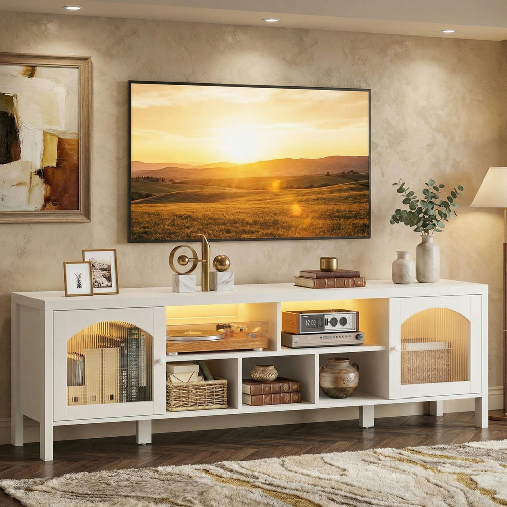 TV Stand with LED Light & Power Outlet, Arched Glass Doors