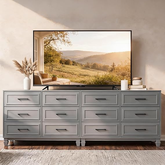 6-Drawer Farmhouse Dresser with Solid Wood Legs – Grey