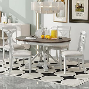 Extendable Round Dining Table Set for 4-6 with Upholstered Chairs