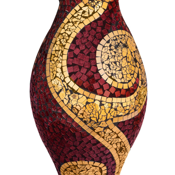 Mosaic Terracotta Floor Vase – 24 Inch Tall Cylinder, Ruby Red & Gold