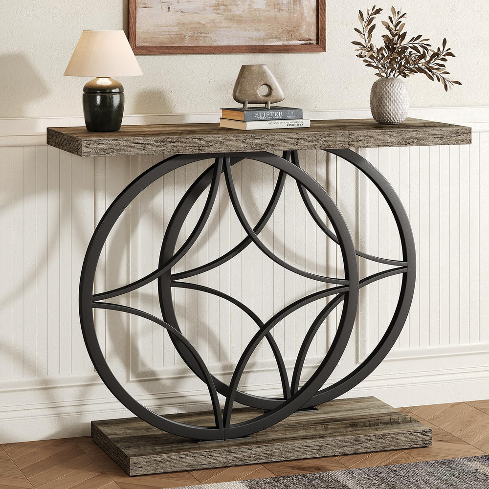 Industrial Console Table with Wood Top – Entryway Sofa Table