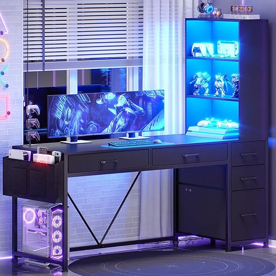 Computer Desk with Drawers, Bookshelf & LED Lights