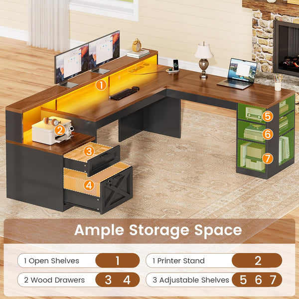 L-Shaped Corner Desk with Storage, Drawers & LED Lights